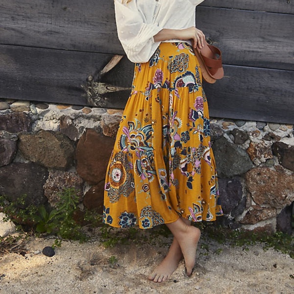 Anthropologie yellow floral tiered maxi Skirt- small- rare